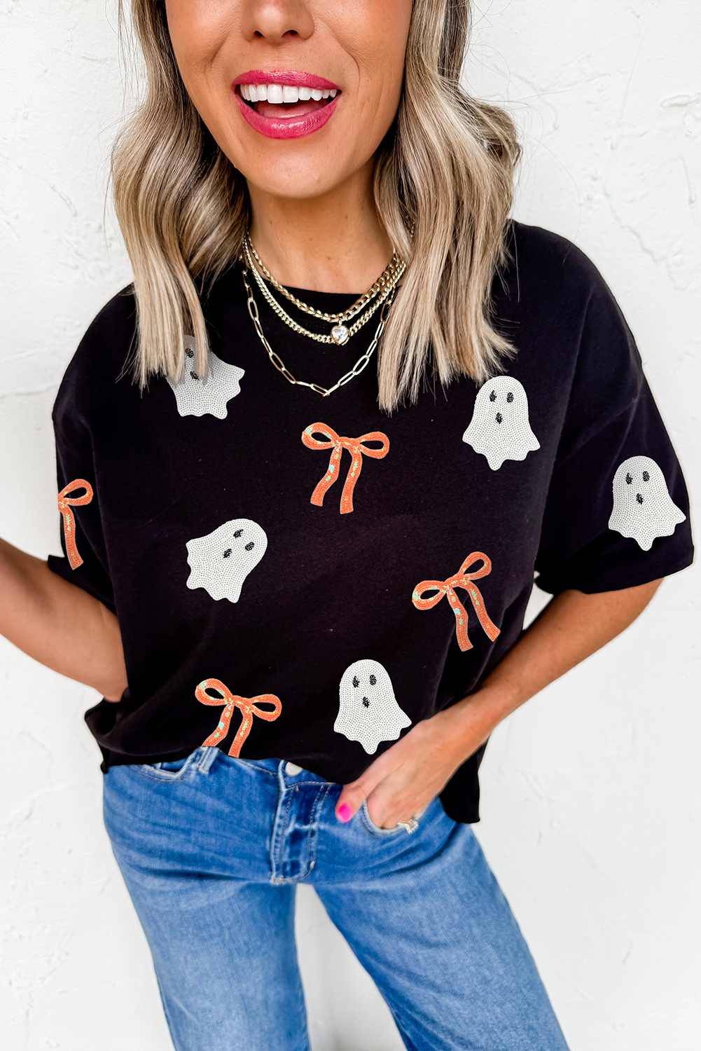 Black Sequin Bow Ghost Patched Halloween Graphic Tee - Image 6