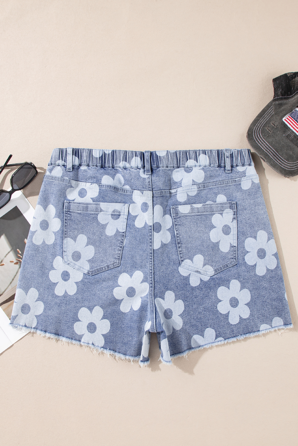 Ashleigh Blue Floral Pattern High Waist Raw Hem Plus Size Denim Shorts - Image 7