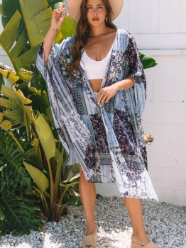 Blue Retro Floral Print Long Loose Open Front Kimono
