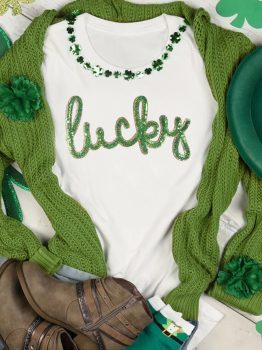 White Sequined Lucky St.Patricks Day Graphic Tee