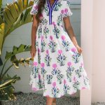 White Floral Puff Short Sleeve V Neck High Waist Maxi Dress
