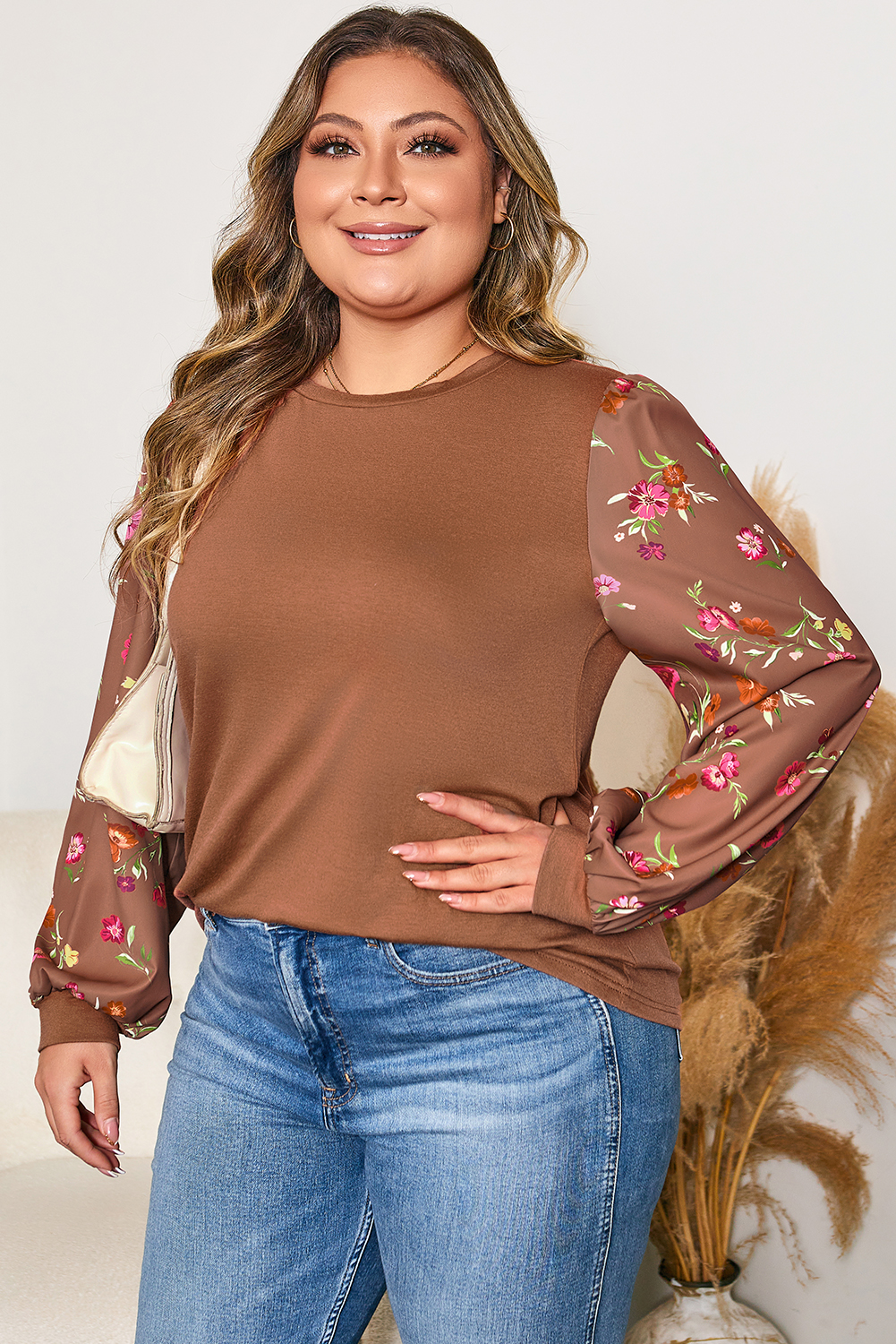 Brown Floral Sleeve Patchwork Round Neck Plus Blouse - Image 6