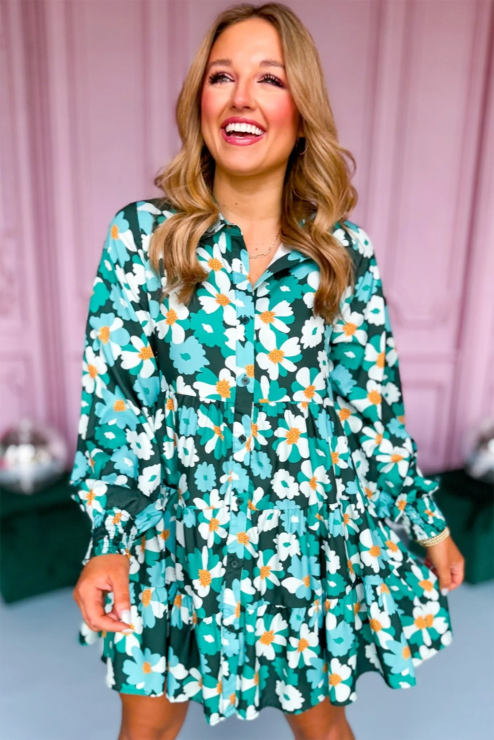 Green Floral Tiered Long Puff Sleeve Shirt Dress - Image 6
