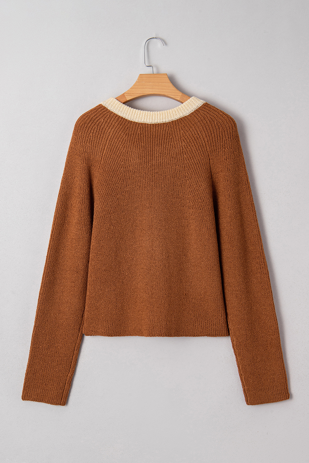 Chestnut Contrast Knit V Neckline Short Cardigan - Image 5