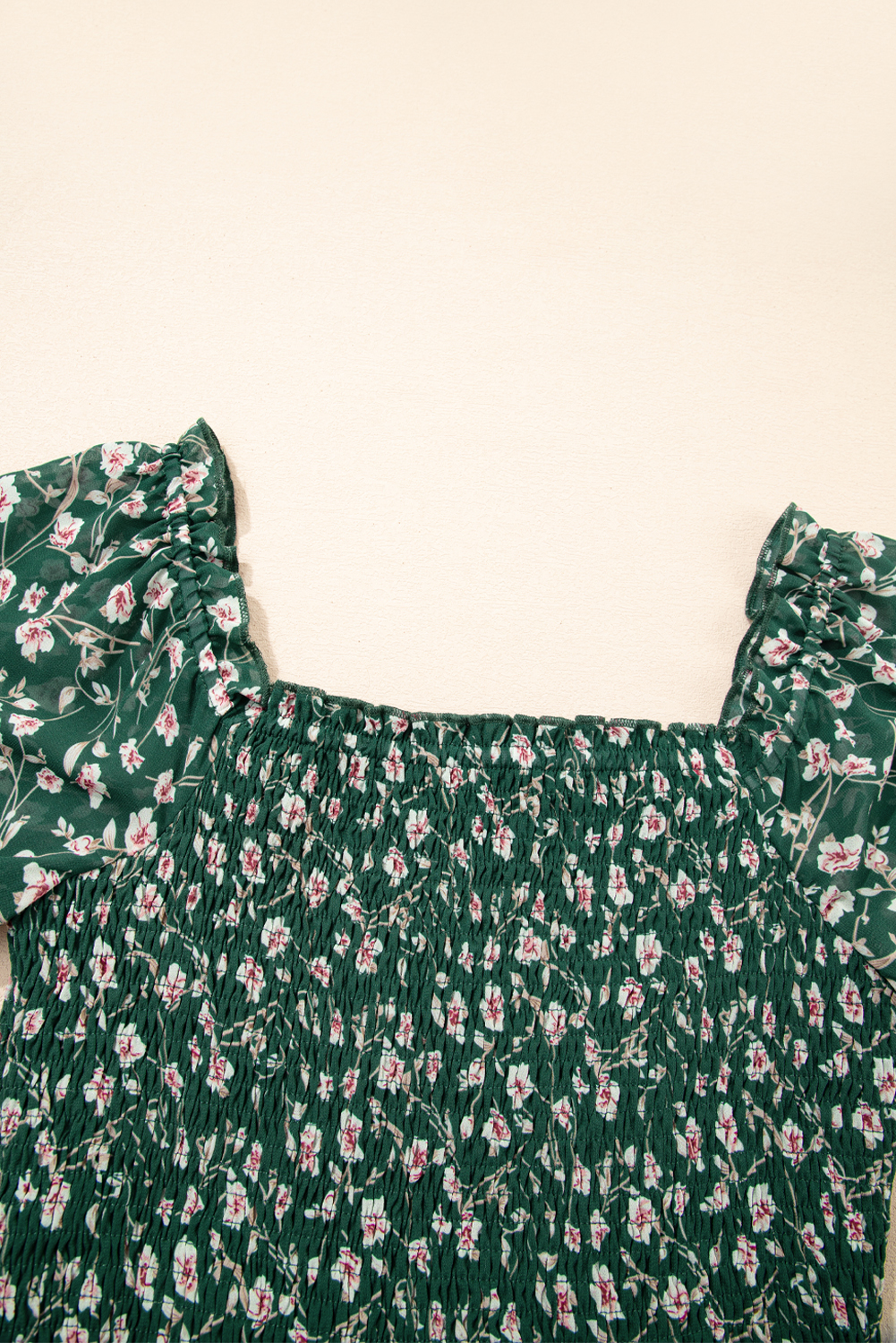 Green Smocked Square Neck Puff Short Sleeve Floral Dress - Image 8