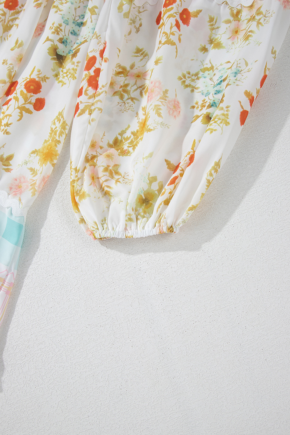 Pink Ric Rac Plaid Floral Print Patchwork Bubble Sleeve Dress - Image 5