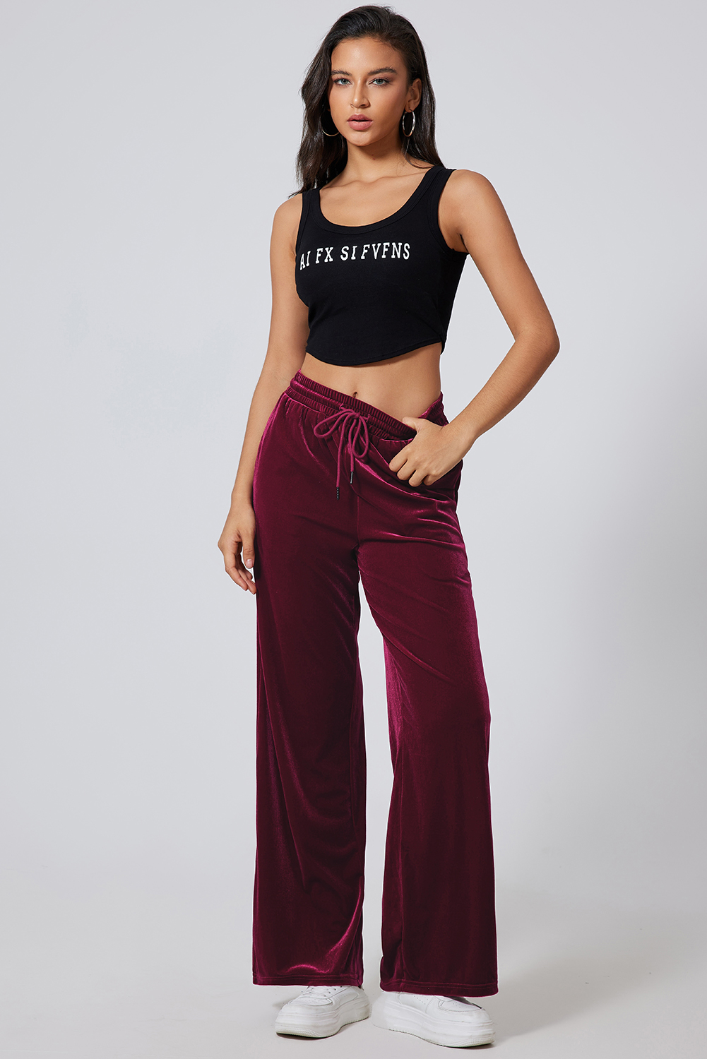 Burgundy Solid Drawstring Waist Wide Leg Pants - Image 7