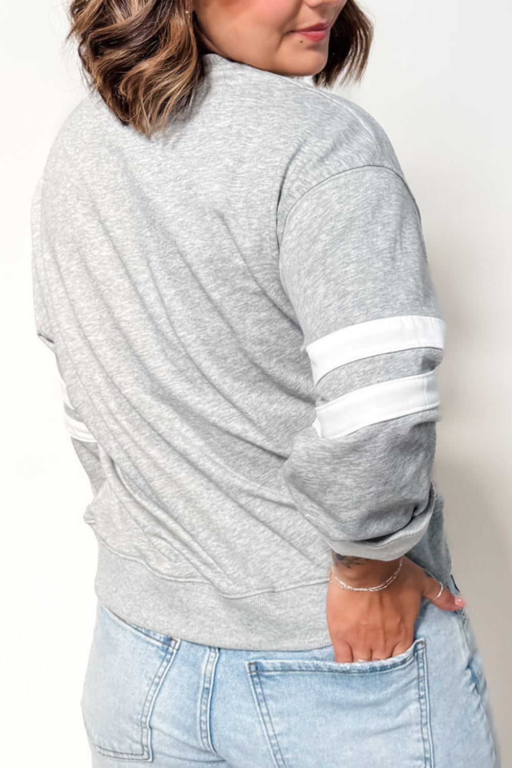 Light Grey Varsity Striped Detail Crew Neck Plus Sweatshirt - Image 2
