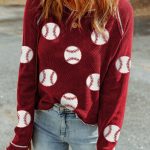 Red Baseball Patched Patterned Game Day Waffle Raglan Top