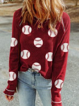 Red Baseball Patched Patterned Game Day Waffle Raglan Top