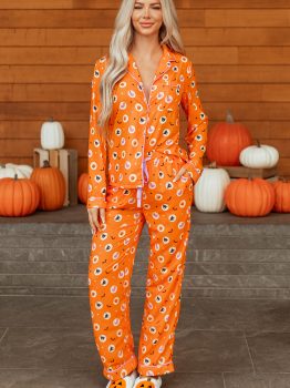 Orange Halloween Print Lapel Shirt Long 2pcs Pajama Set
