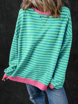 Sky Blue Stripe Oversized Contrast Trim Pullover Sweatshirt