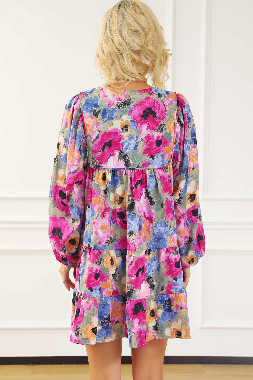 Multicolour Floral Tie Neck Bubble Sleeve Shift Dress - Image 2