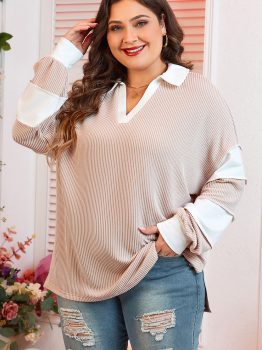 Parchment Corded Colorblock Long Sleeve Slit V Neck Plus Top