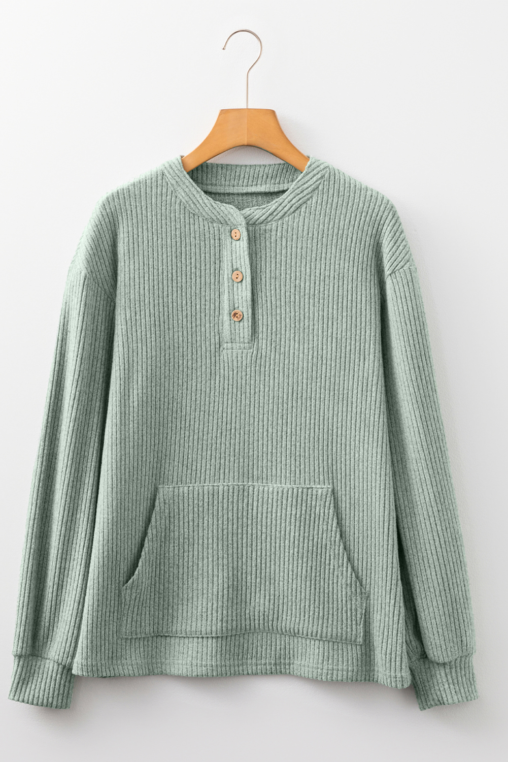 Clearly Aqua Ribbed Texture Drop Shoulder Henley Knit Top - Image 3