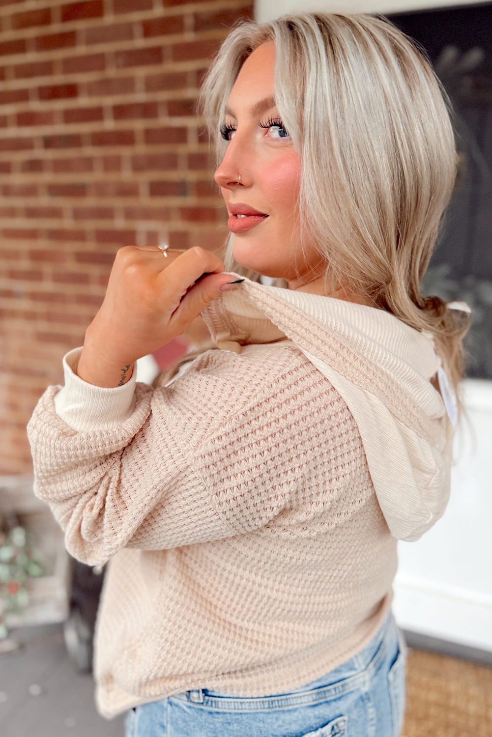 Oatmeal Waffle Patchwork Drop Shoulder Hooded Long Sleeve Top - Image 2