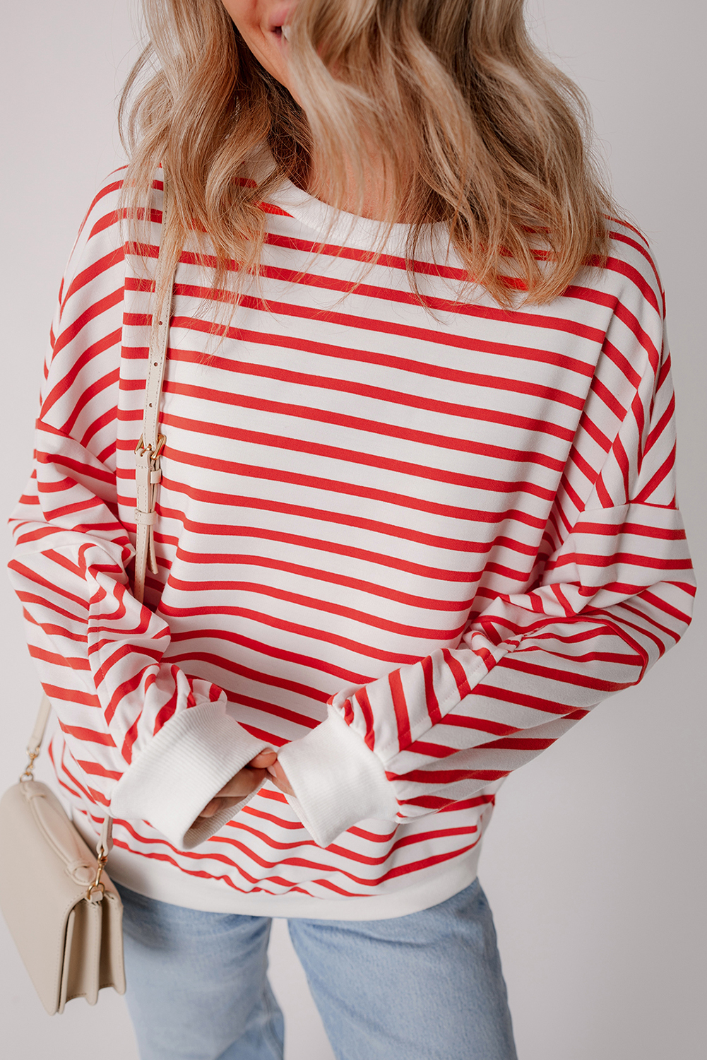 Orange Stripe Drop Shoulder Crew Neck Loose Sweatshirt - Image 3