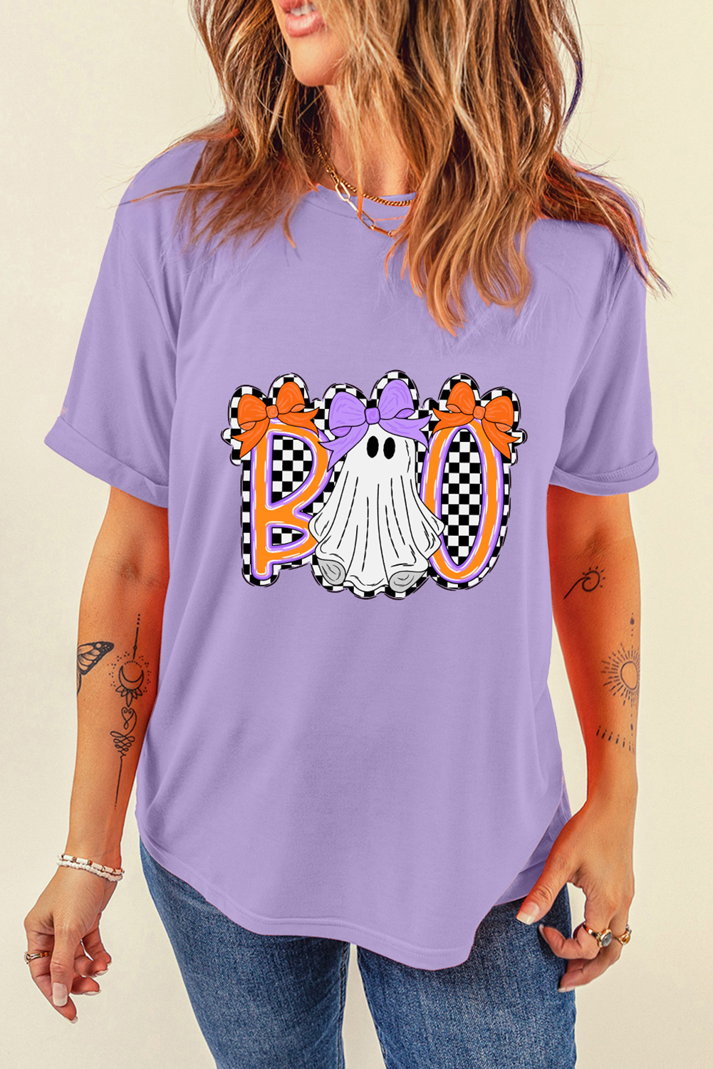 Wisteria Boo Checkered Bow Ghost Halloween Graphic Tee - Image 5