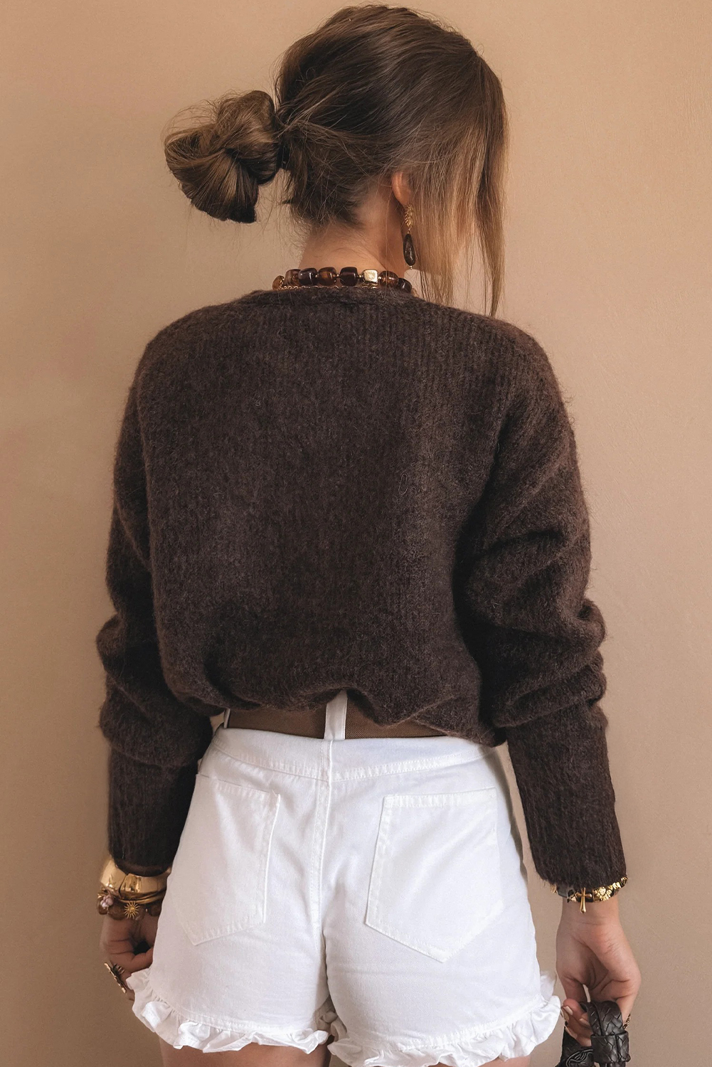 Chicory Coffee Heart Metal Button V Neck Cardigan Sweater - Image 2