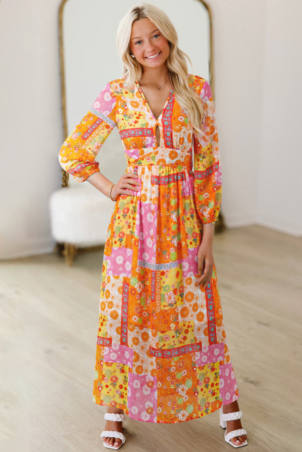 Orange Floral Patchwork Print Cut out Tied Back Bracelet Sleeve Maxi Dress - Image 3