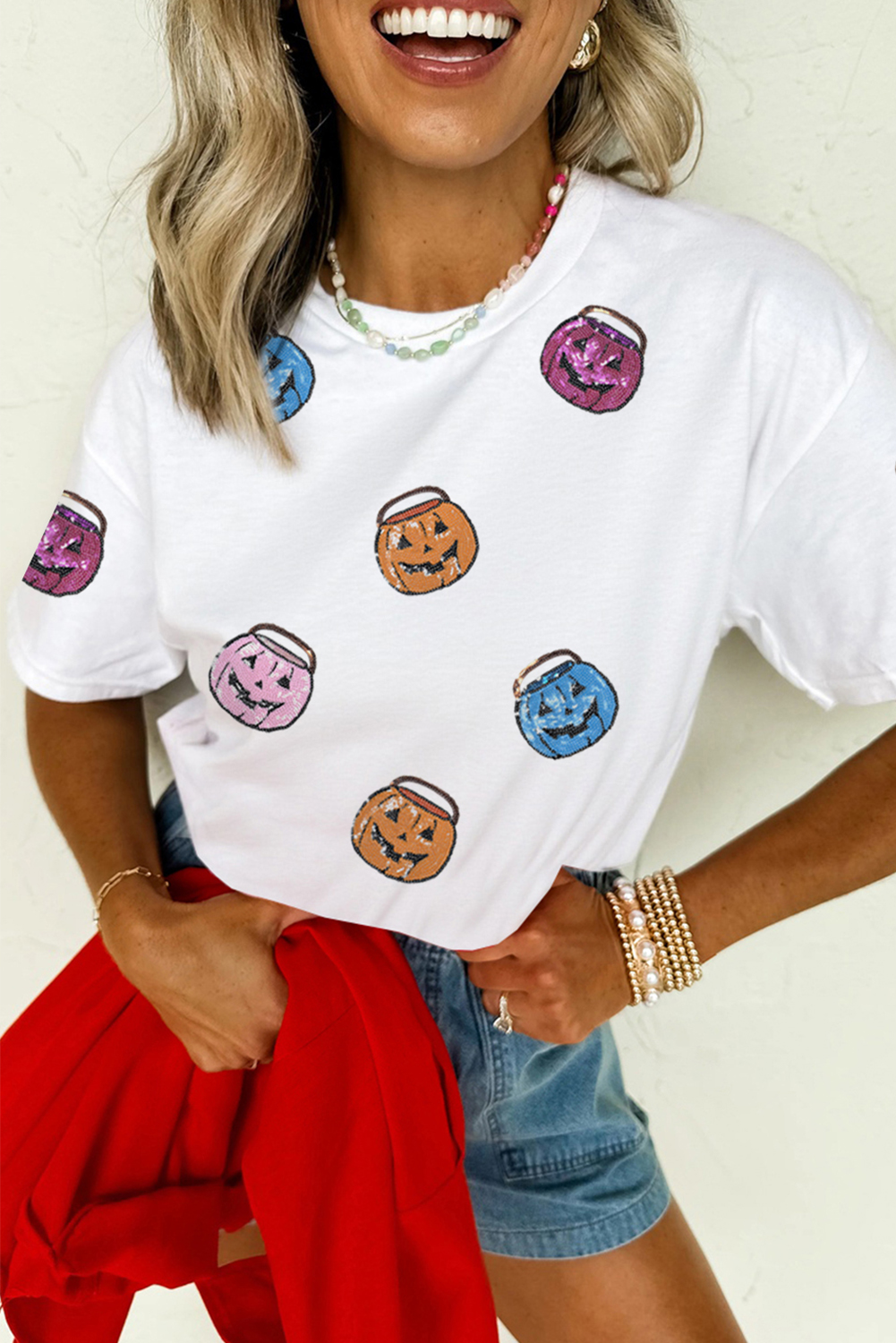White Sequin Pumpkin Face Patched Crew Neck Holiday T Shirt - Image 5