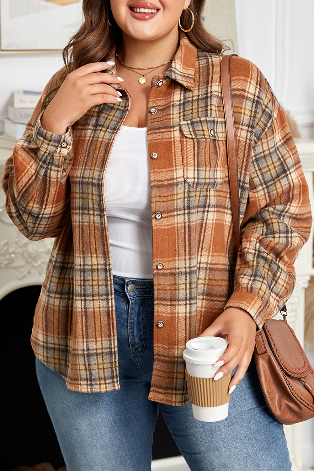 Brown Plaid Print Flap Pocket Buttoned Plus Size Shacket - Image 7