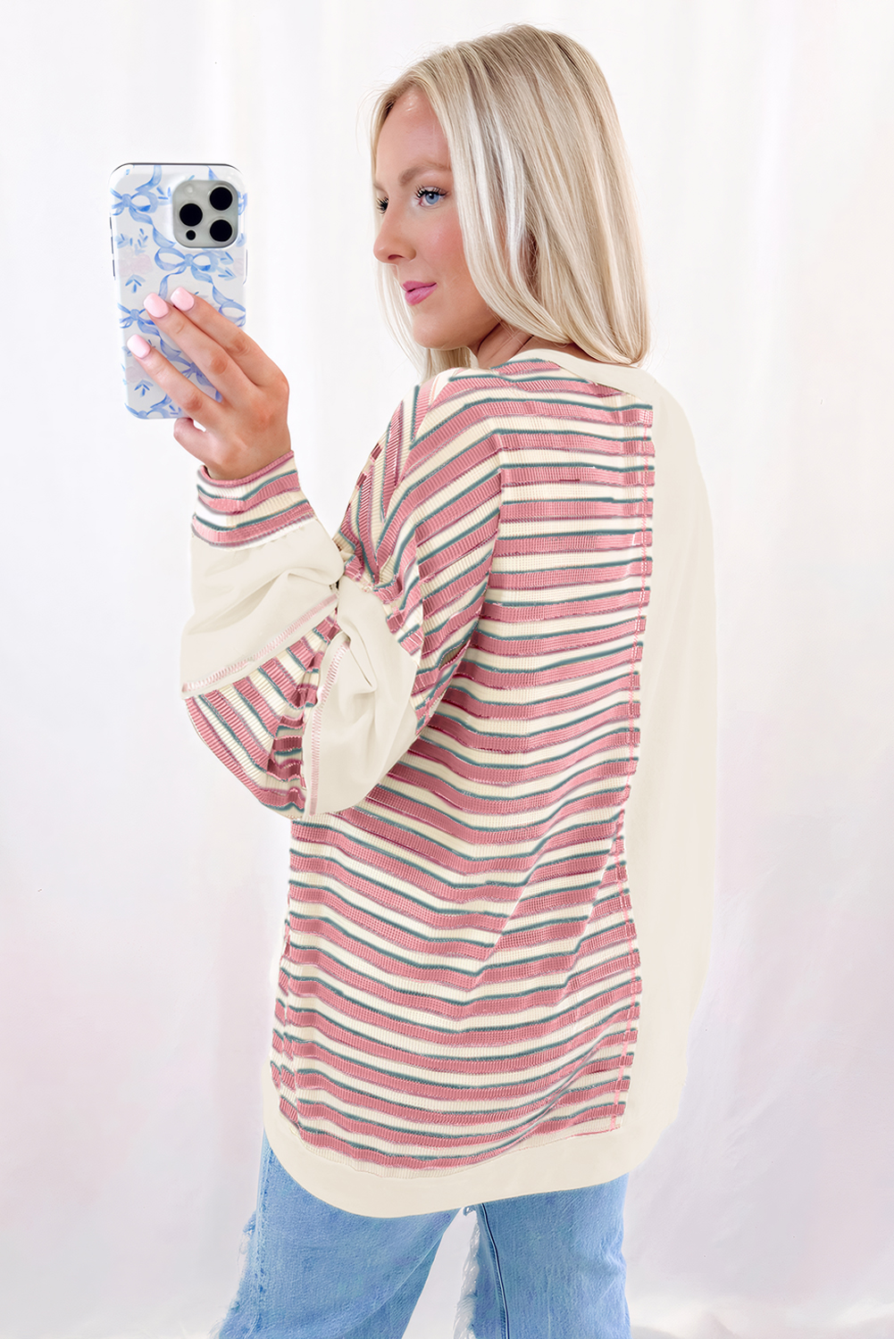 Pink Stripe Stitched Detail Color Block Patchwork Oversized Pullover Top - Image 6