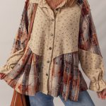 Ashleigh Blue Boho Floral Plaid Patchwork Distressed Detail Ruffled Sleeve Waffle Knit Shacket