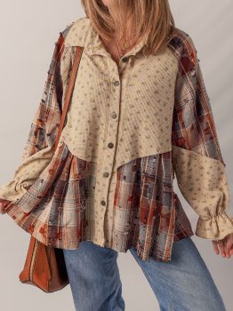 Ashleigh Blue Boho Floral Plaid Patchwork Distressed Detail Ruffled Sleeve Waffle Knit Shacket