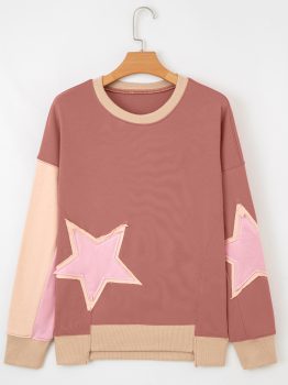 Rose Pink Contrast Star Patchwork Exposed Seam Uneven Hem Drop Shoulder Sweatshirt