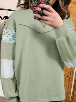 Laurel Green Floral Plaid Mixed Sleeve Raw Edge Relaxed French Terry Top