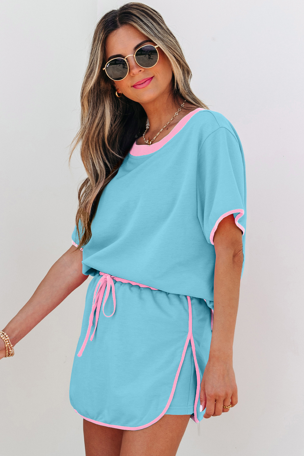 Turquoise Colorblock Edge Drop Shoulder T Shirt and Skort 2Pcs Set - Image 3