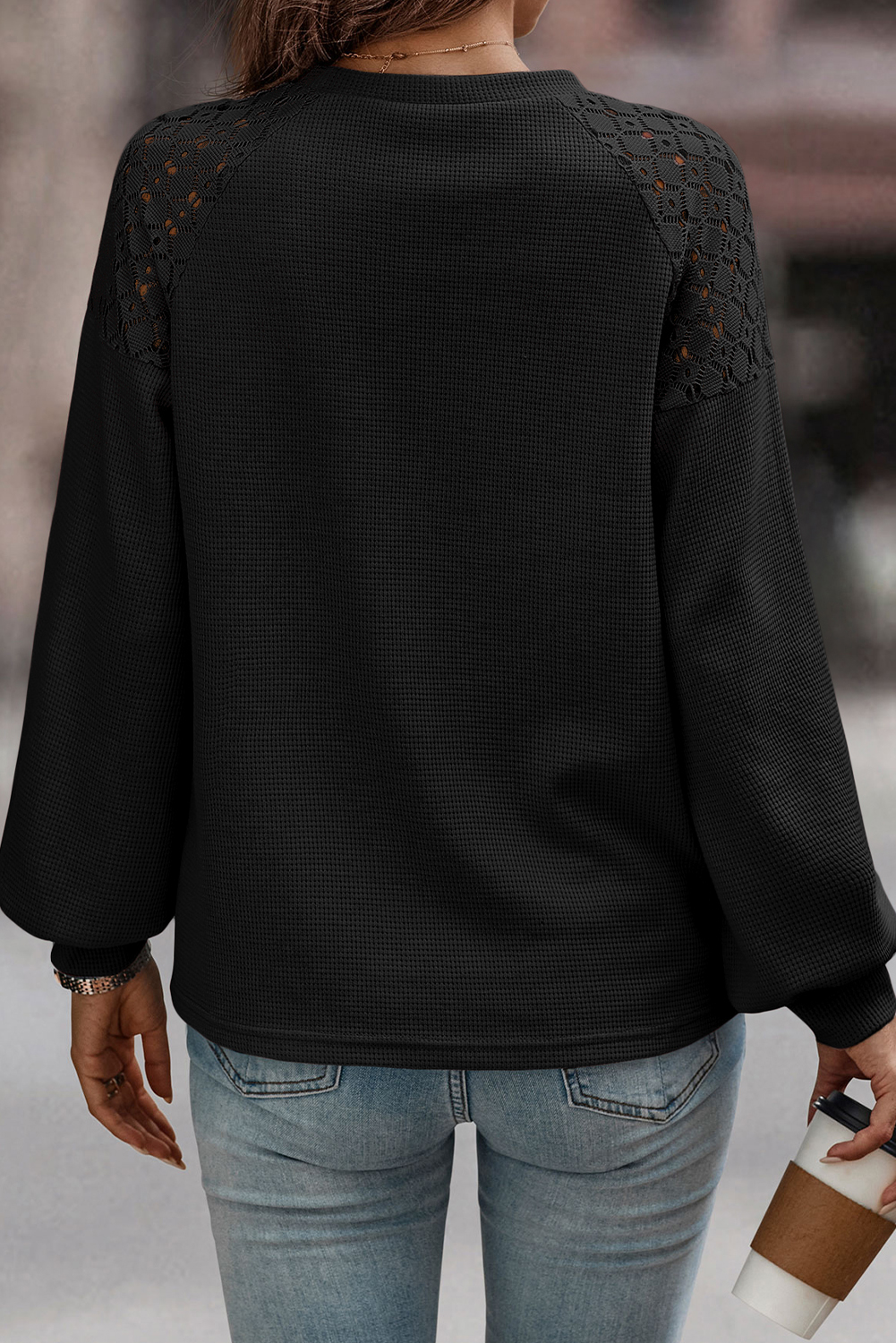 Black Lace Long Sleeve Textured Pullover - Image 2