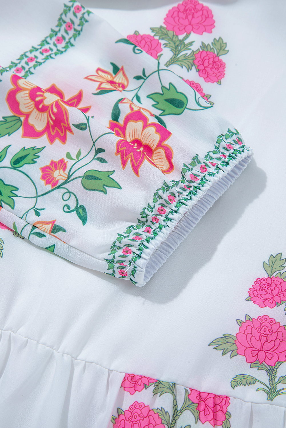 White Floral Print Half Button Mandarin Neck 3/4 Sleeve Maxi Dress - Image 7