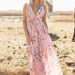 Pink Floral Pleated Bust Deep V Empire Waist Backless Maxi Dress