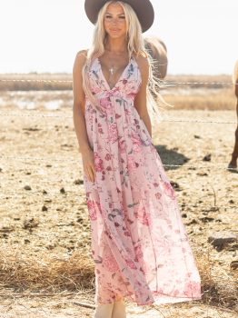 Pink Floral Pleated Bust Deep V Empire Waist Backless Maxi Dress