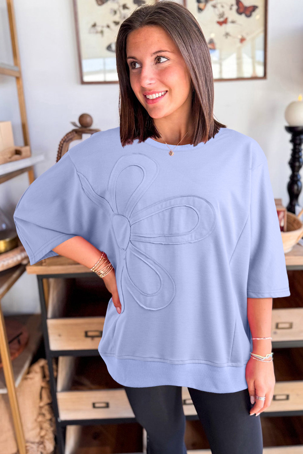 Beau Blue Floral Patched Half Sleeve Tunic Top - Image 3