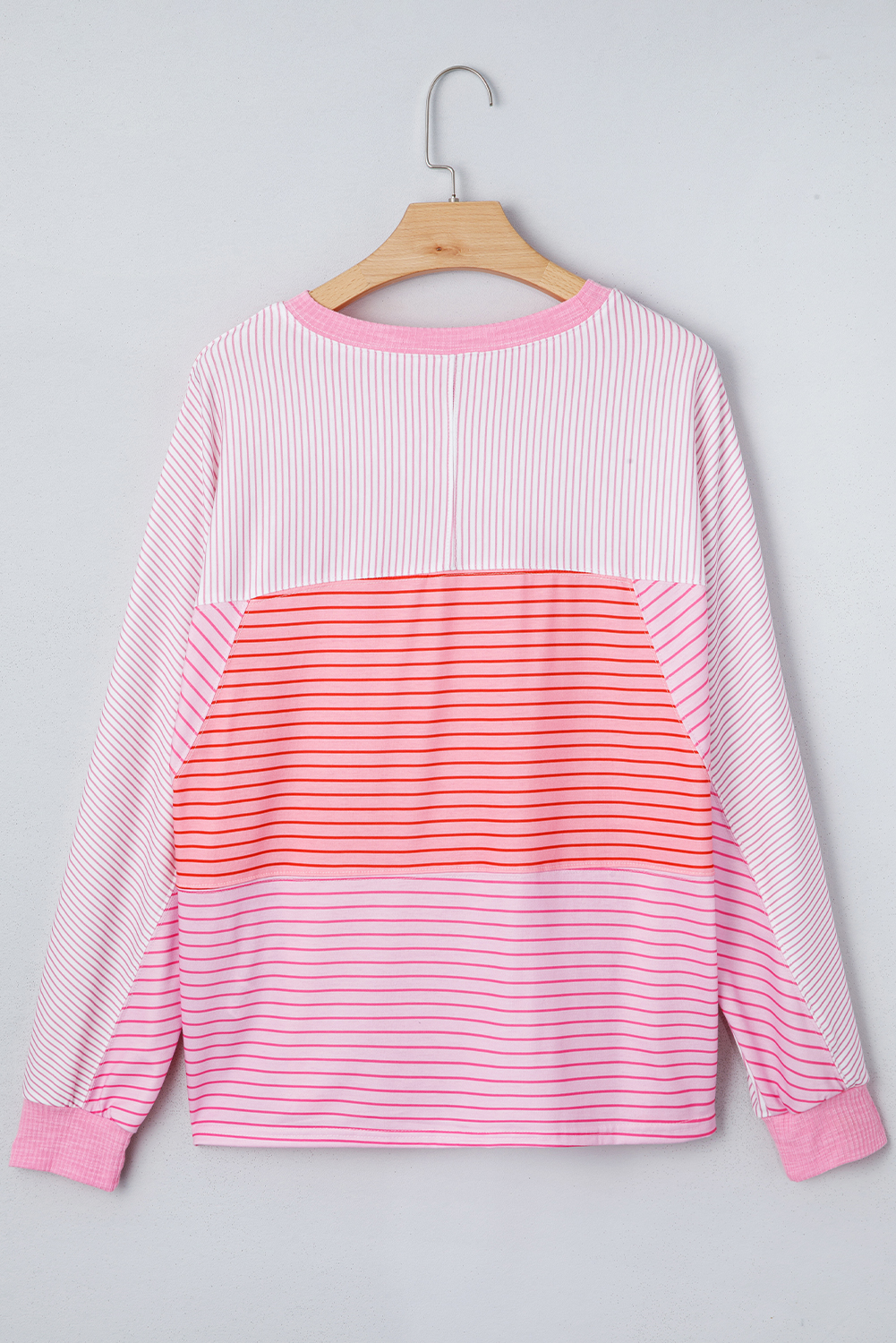Sachet Pink Striped Colorblock Exposed Seam Casual Long Sleeve Top - Image 5