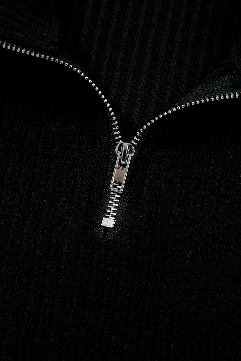 Black Ribbed Zip Stand Neck Drop Shoulder Pullover Bodycon Skirt 2pcs Set - Image 8