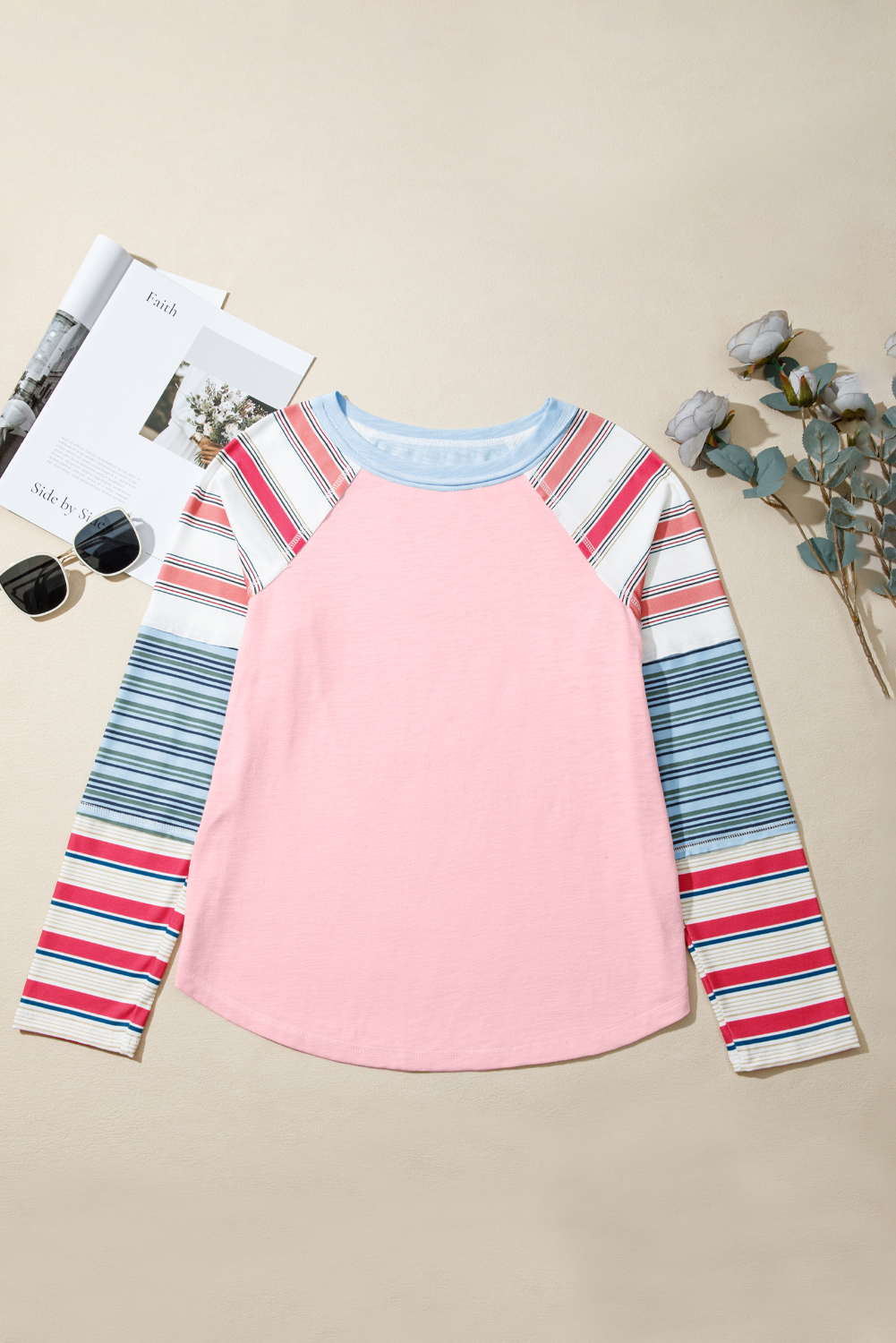 Pink Color Block Round Neck Exposed Seam Patchwork Striped Long Sleeve Top - Image 5