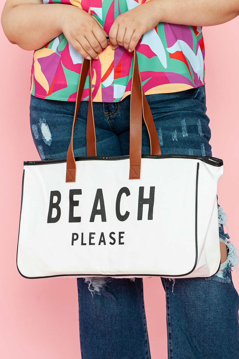 White BEACH PLEASE Print Large Canvas Tote Bag - Image 3