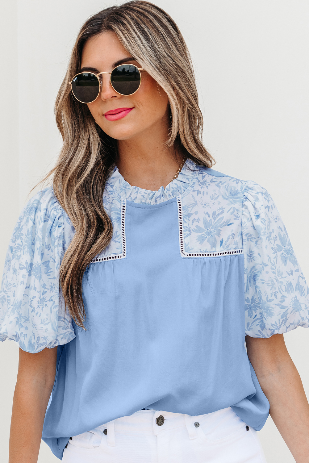 Beau Blue Lace Insert Floral Puff Sleeve Patchwork Loose Blouse - Image 4