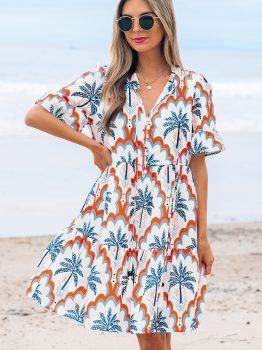 Orange Contrast Palm Tree Printed Short Sleeve Flowy Dress