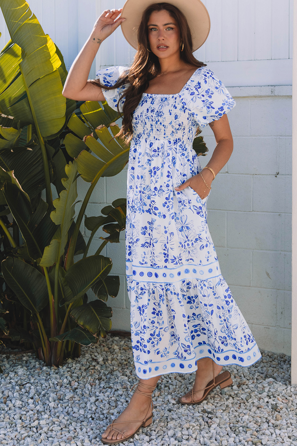 Sky Blue Floral Print Square Neck Bubble Sleeve High Waist Maxi Dress - Image 3