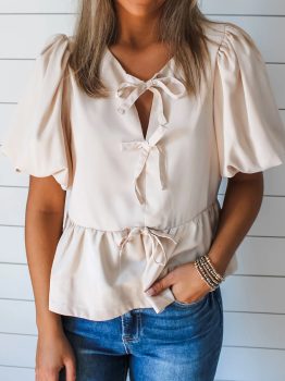 White Bow Tie Short Puff Sleeve Ruffle Hem Blouse