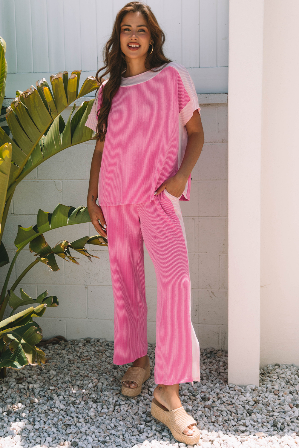 Sachet Pink 2-tone Colorblock Patchwork Corded 2pcs Outfit - Image 3