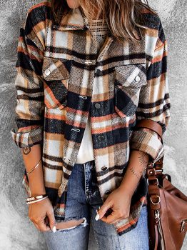 Geometric Plaid Print Pocketed Shacket