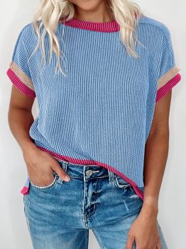 Sky Blue Textured Contrast Trim Round Neck T Shirt