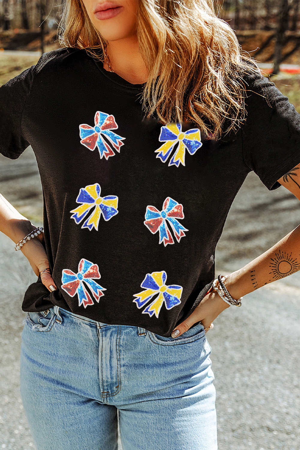 Black Cheerful Sequin Bow Patched Game Day T Shirt - Image 3