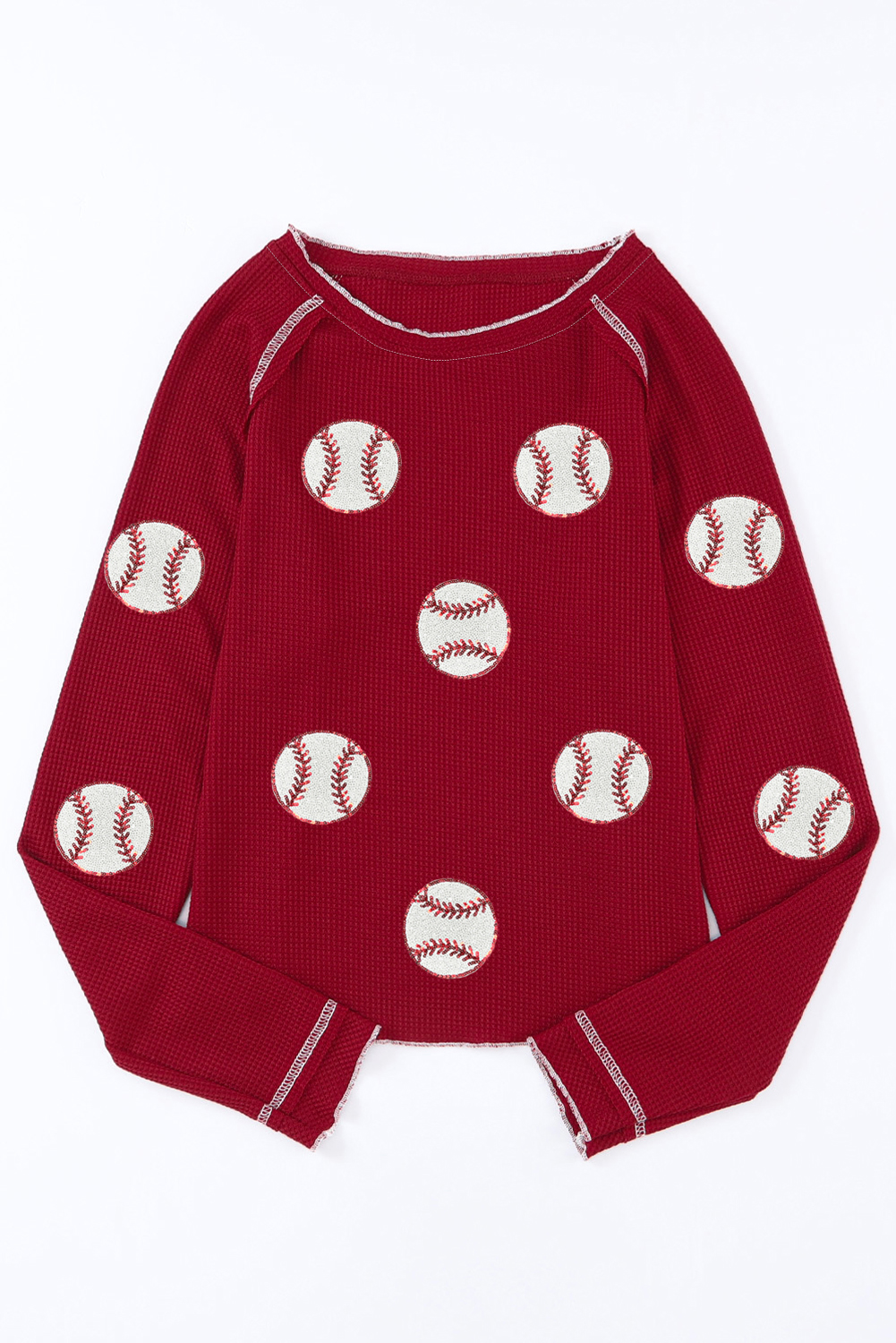 Red Baseball Patched Patterned Game Day Waffle Raglan Top - Image 4